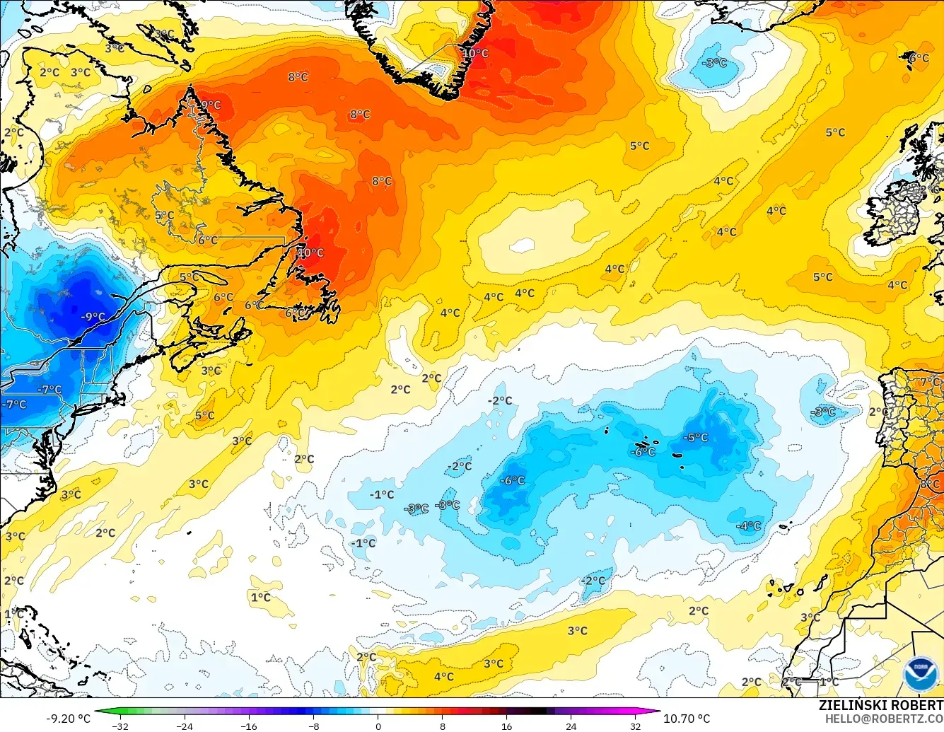 GFS modelo - Norte Atlántico, Anomalía de temperatura a 850 hPa