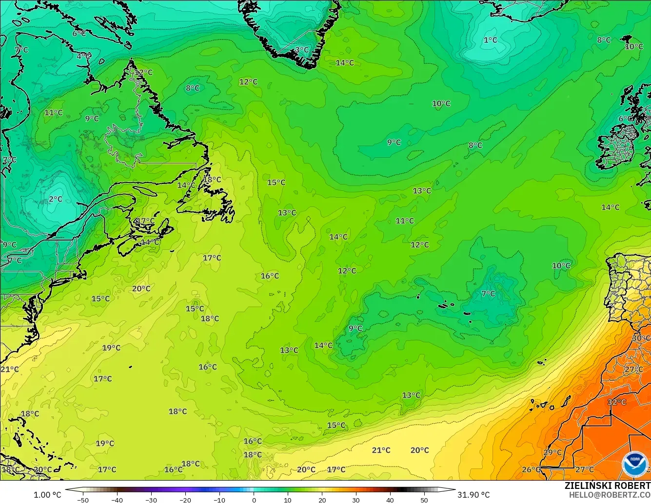 GFS modelo - Norte Atlántico, Temperatura a 850 hPa