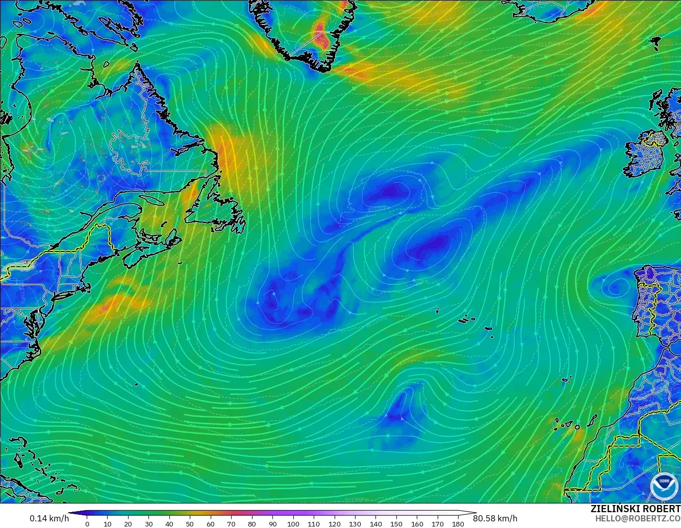 GFS modelo - Norte Atlántico, Viento a 10 m