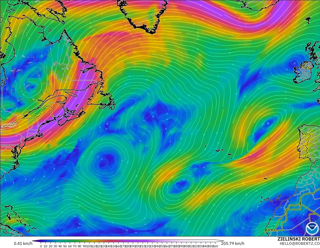 GFS modelo - Norte Atlántico, Viento a 300 hPa (corriente en chorro)