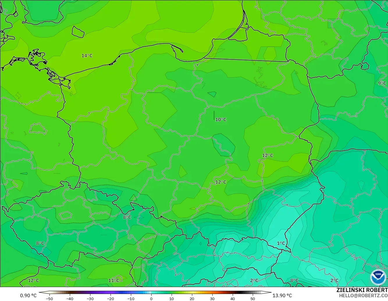 GFS modelo - Polonia, Punto de rocío a 2 m