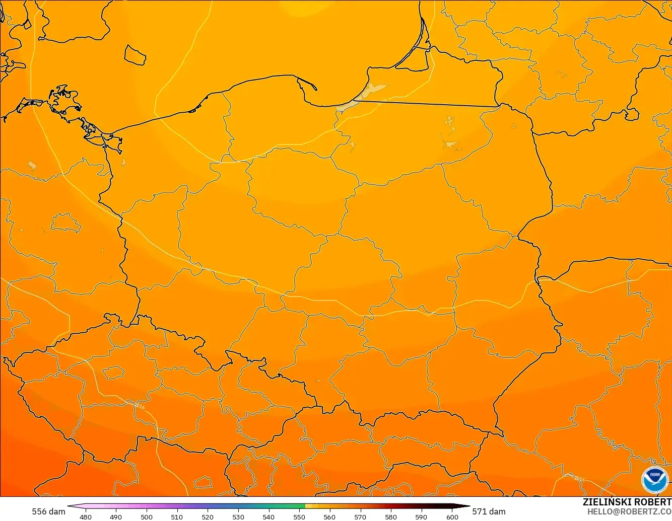 GFS modelo - Polonia, Altura geopotencial a 500 hPa