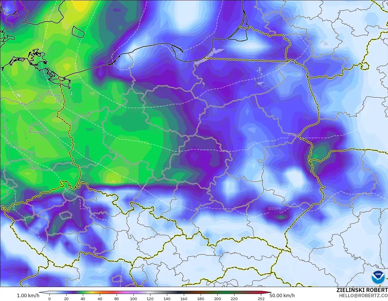 GFS modelo - Polonia, Ráfagas de Viento Máximas