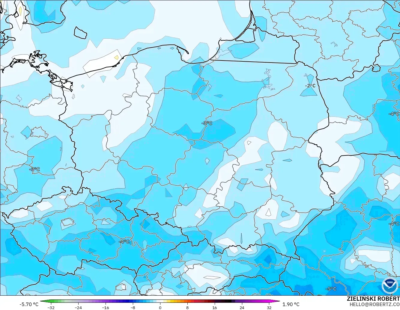 GFS modelo - Polonia, Anomalía de temperatura a 2 m