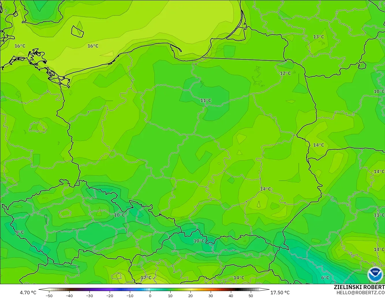 GFS modelo - Polonia, Temperatura a 2 m
