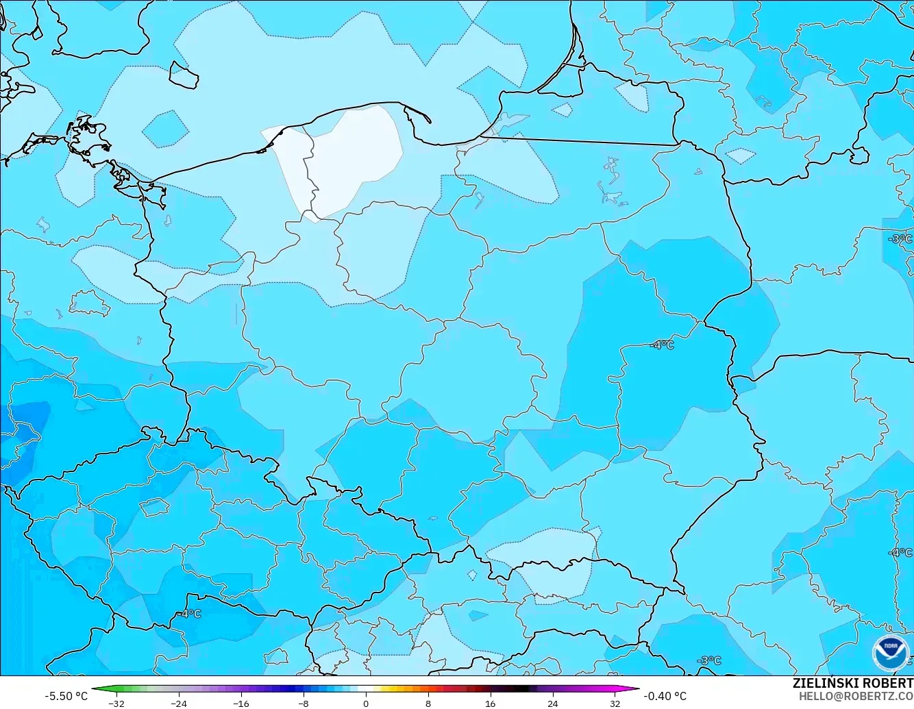 GFS modelo - Polonia, Anomalía de temperatura a 850 hPa