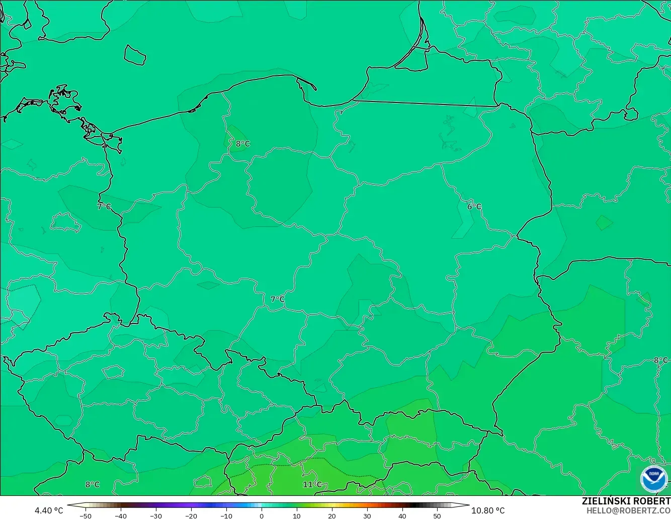 GFS modelo - Polonia, Temperatura a 850 hPa