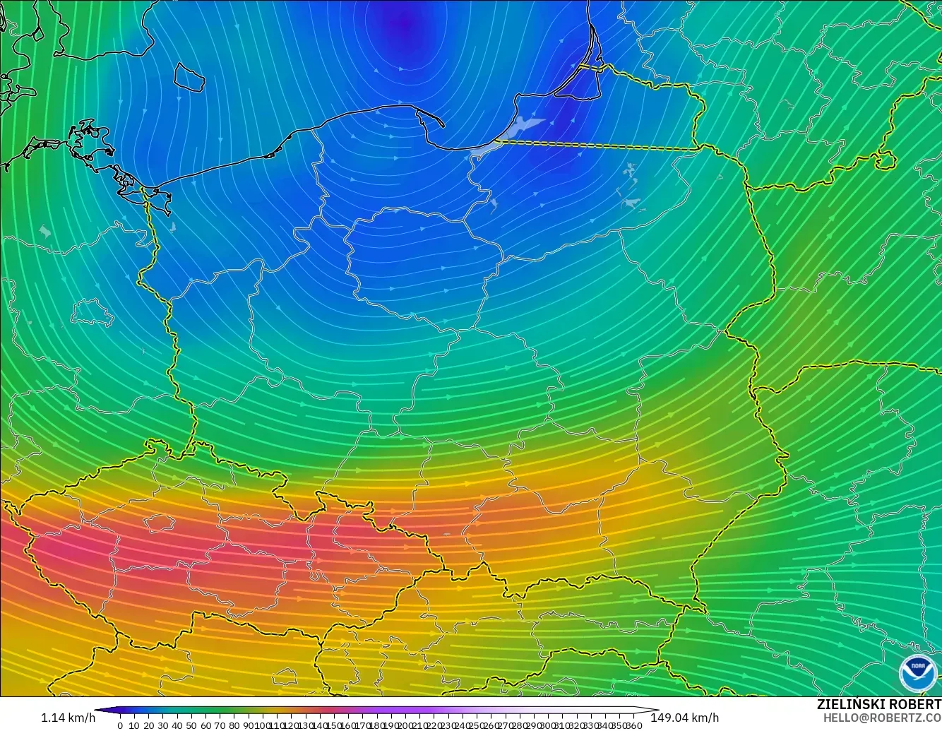 GFS modelo - Polonia, Viento a 300 hPa (corriente en chorro)