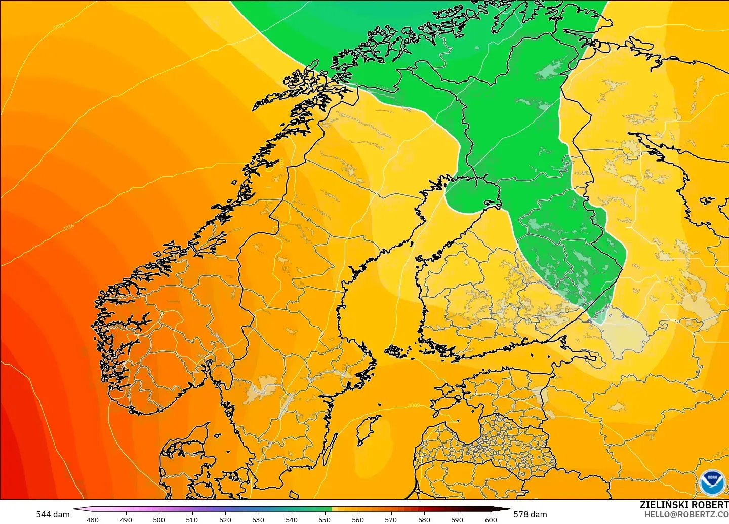 GFS modelo - Escandinavia, Altura geopotencial a 500 hPa