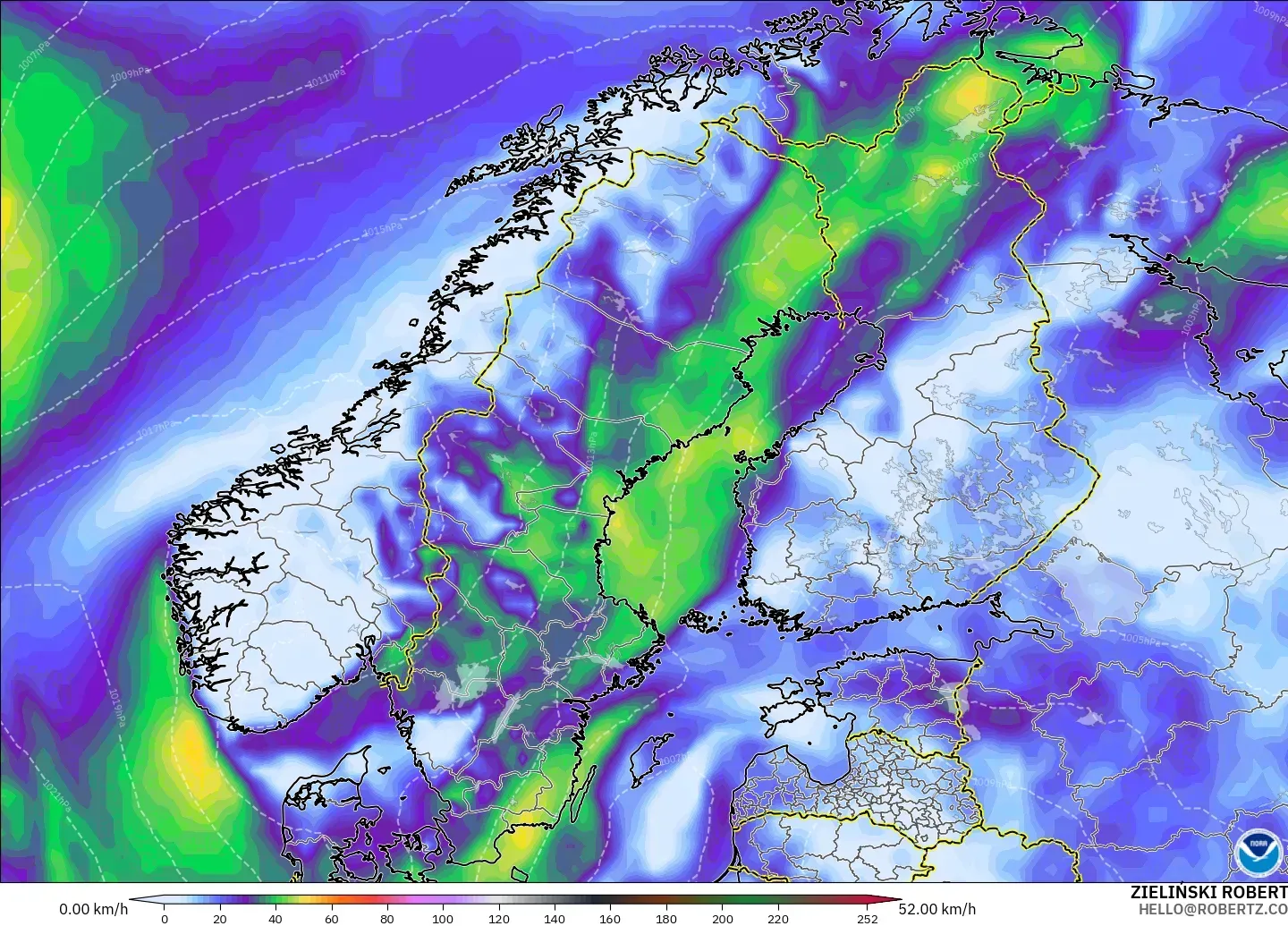 GFS modelo - Escandinavia, Ráfagas de Viento Máximas