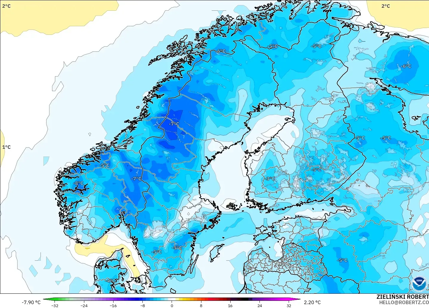 GFS modelo - Escandinavia, Anomalía de temperatura a 2 m