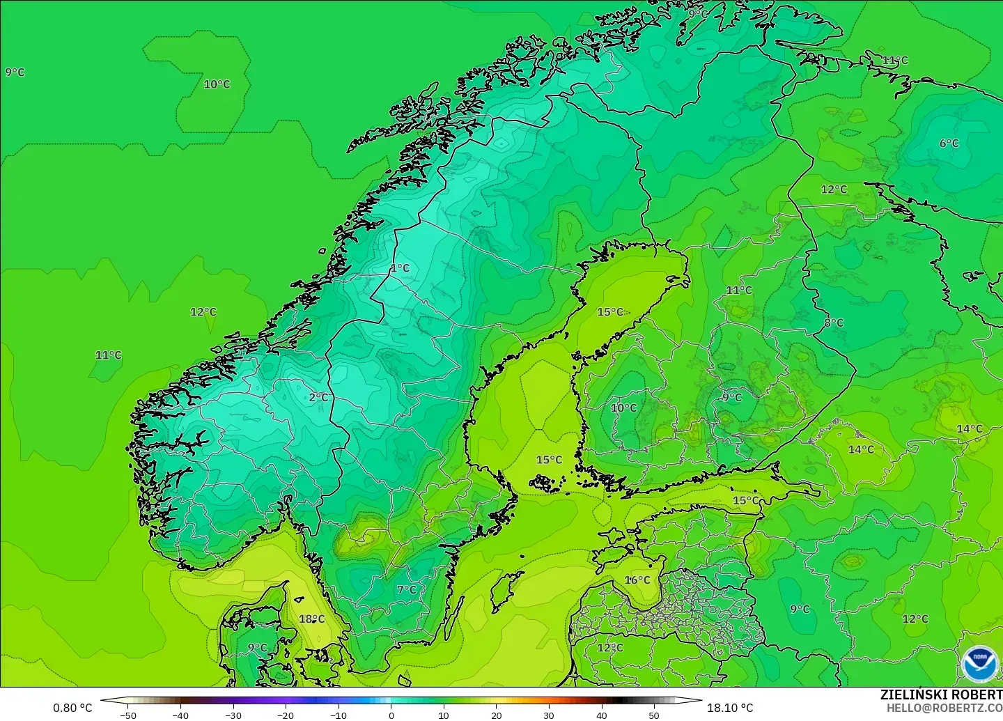 GFS modelo - Escandinavia, Temperatura a 2 m