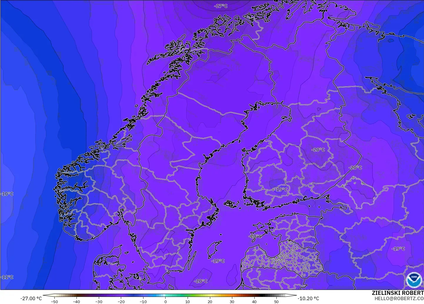 GFS modelo - Escandinavia, Temperatura a 500 hPa