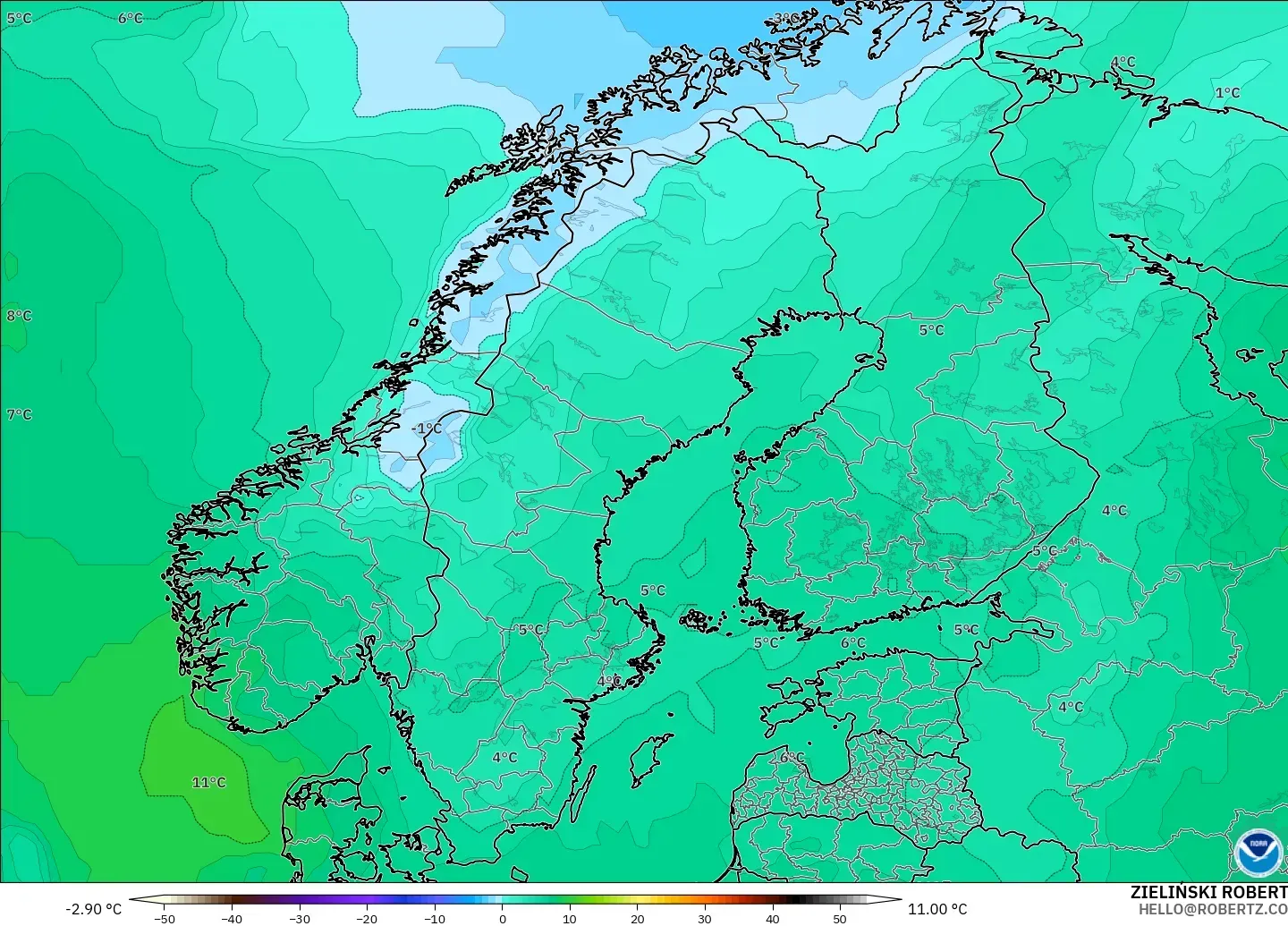 GFS modelo - Escandinavia, Temperatura a 850 hPa