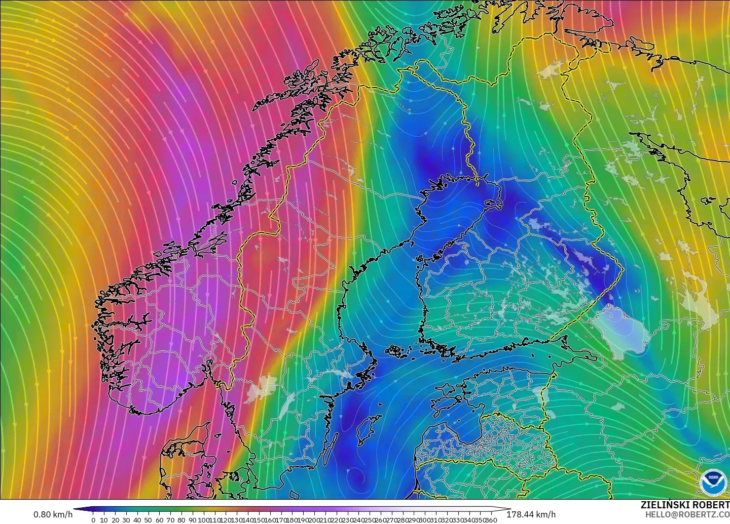 GFS modelo - Escandinavia, Viento a 300 hPa (corriente en chorro)