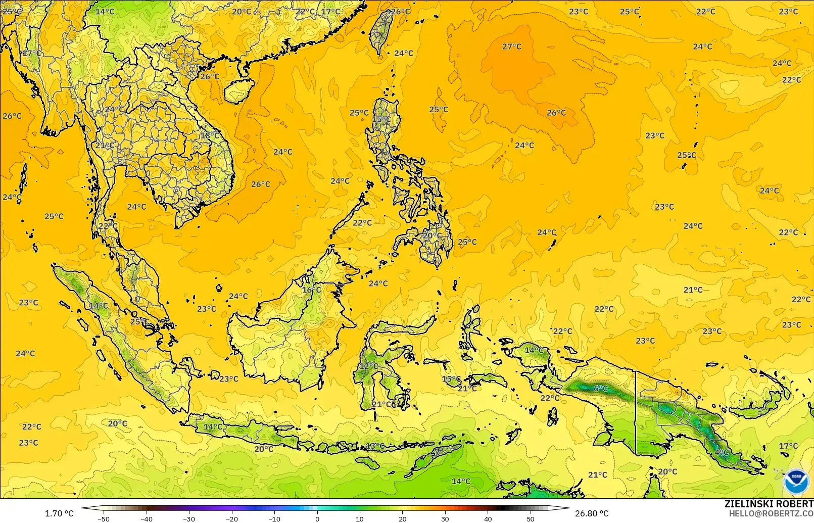 GFS modelo - Sudeste Asiático, Punto de rocío a 2 m