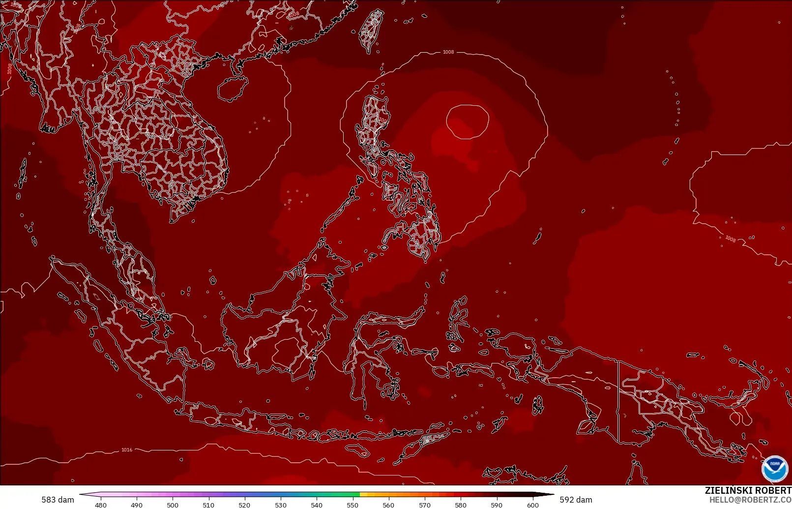 GFS modelo - Sudeste Asiático, Altura geopotencial a 500 hPa