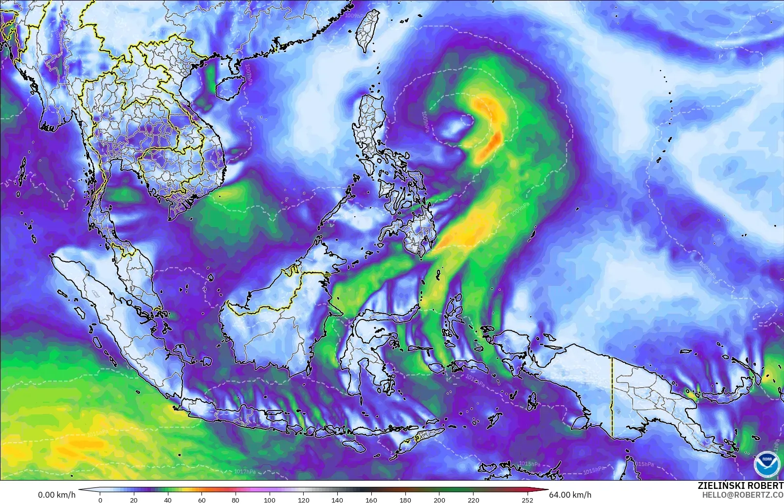 GFS modelo - Sudeste Asiático, Ráfagas de viento