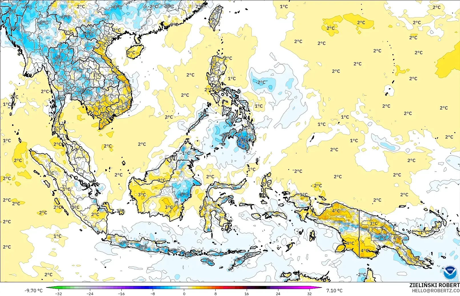 GFS modelo - Sudeste Asiático, Anomalía de temperatura a 2 m