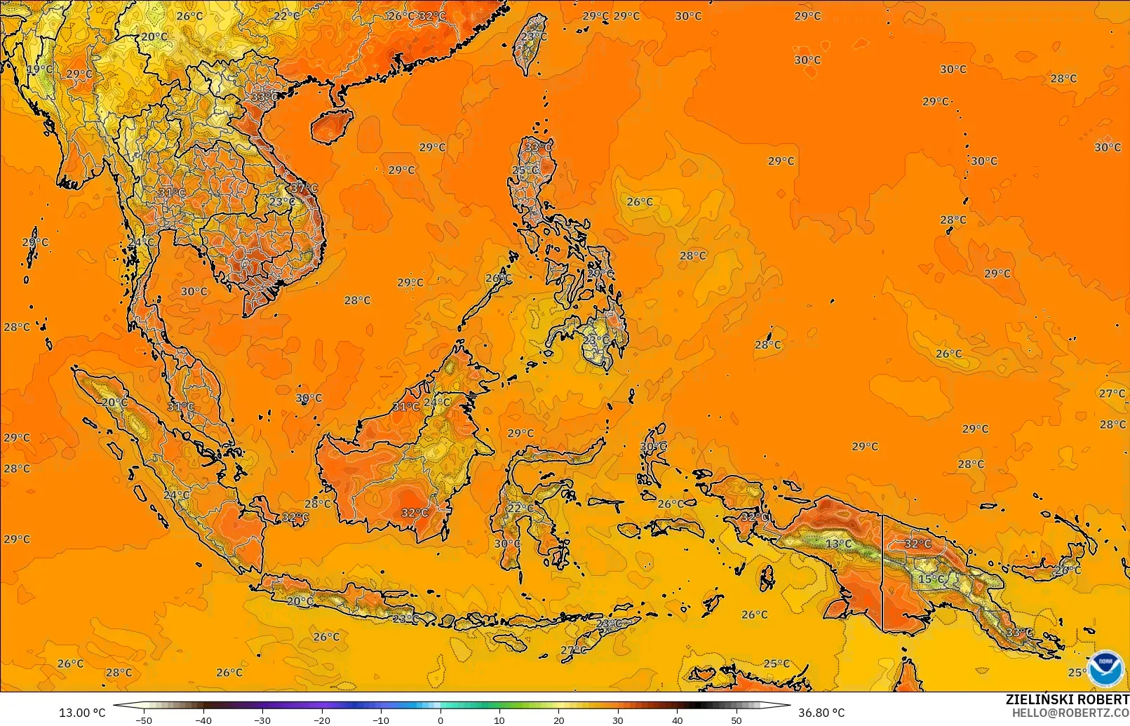 GFS modelo - Sudeste Asiático, Temperatura a 2 m