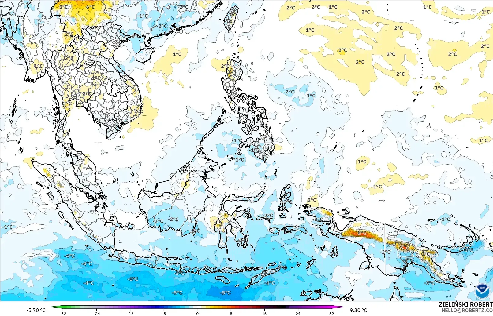 GFS modelo - Sudeste Asiático, Anomalía de temperatura a 850 hPa