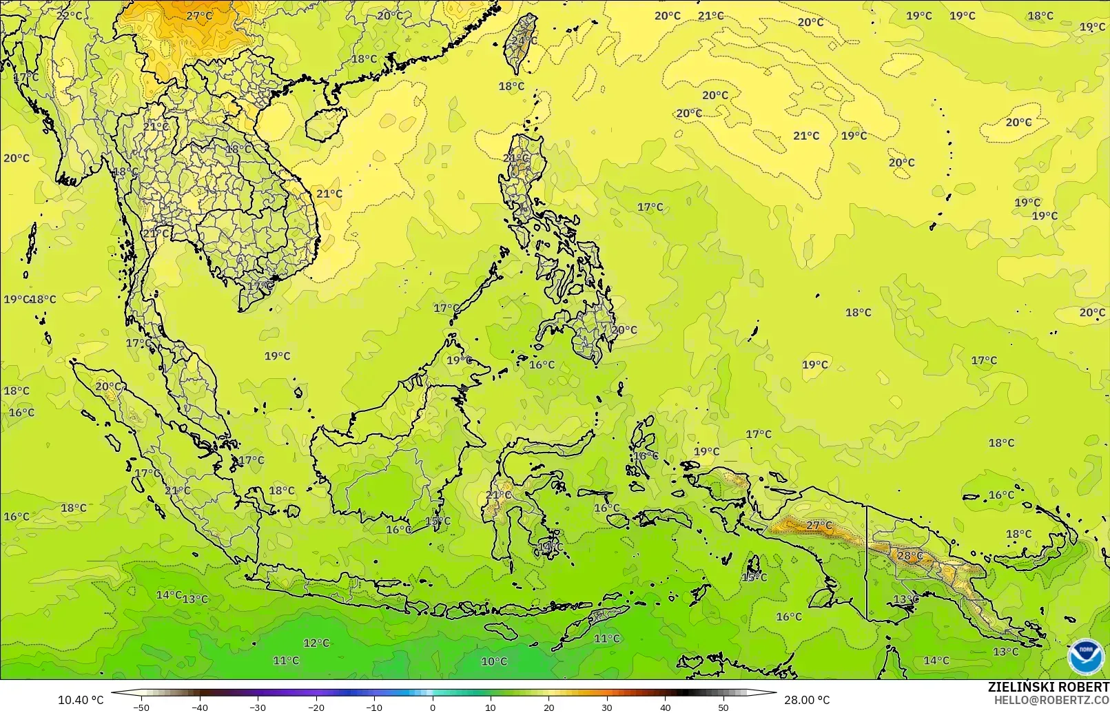 GFS modelo - Sudeste Asiático, Temperatura a 850 hPa
