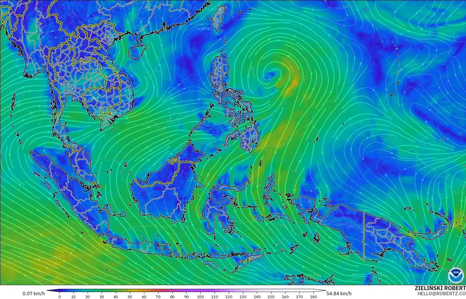 GFS modelo - Sudeste Asiático, Viento a 10 m
