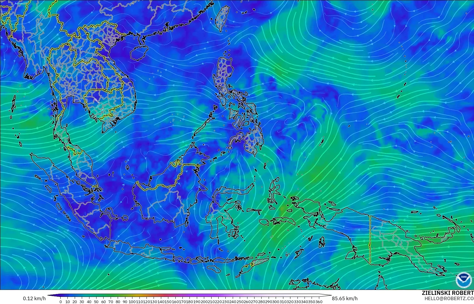 GFS modelo - Sudeste Asiático, Viento a 300 hPa (corriente en chorro)