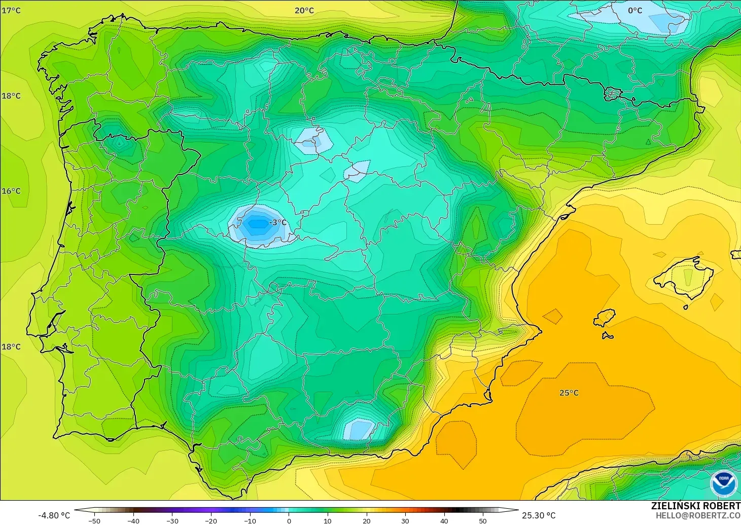 GFS modelo - España, Punto de rocío a 2 m