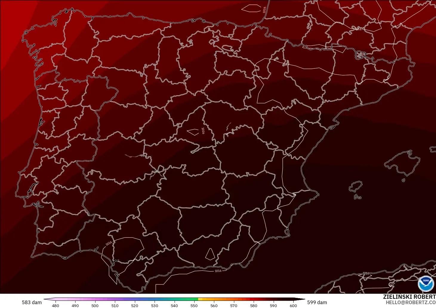 GFS modelo - España, Altura geopotencial a 500 hPa
