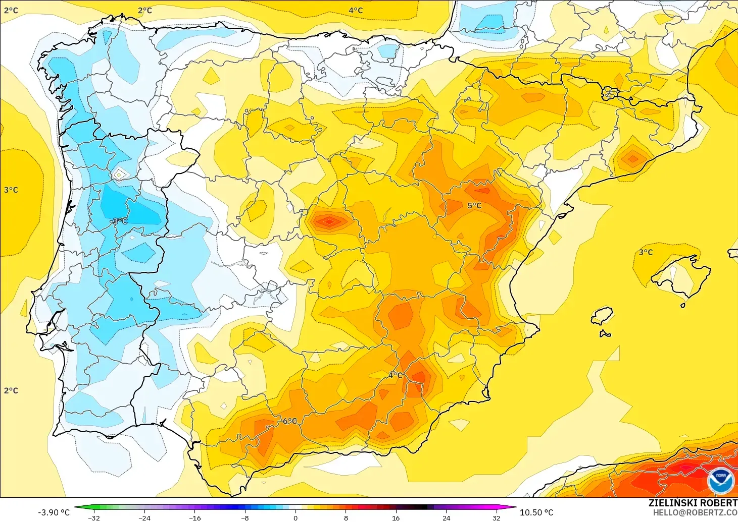 GFS modelo - España, Anomalía de temperatura a 2 m