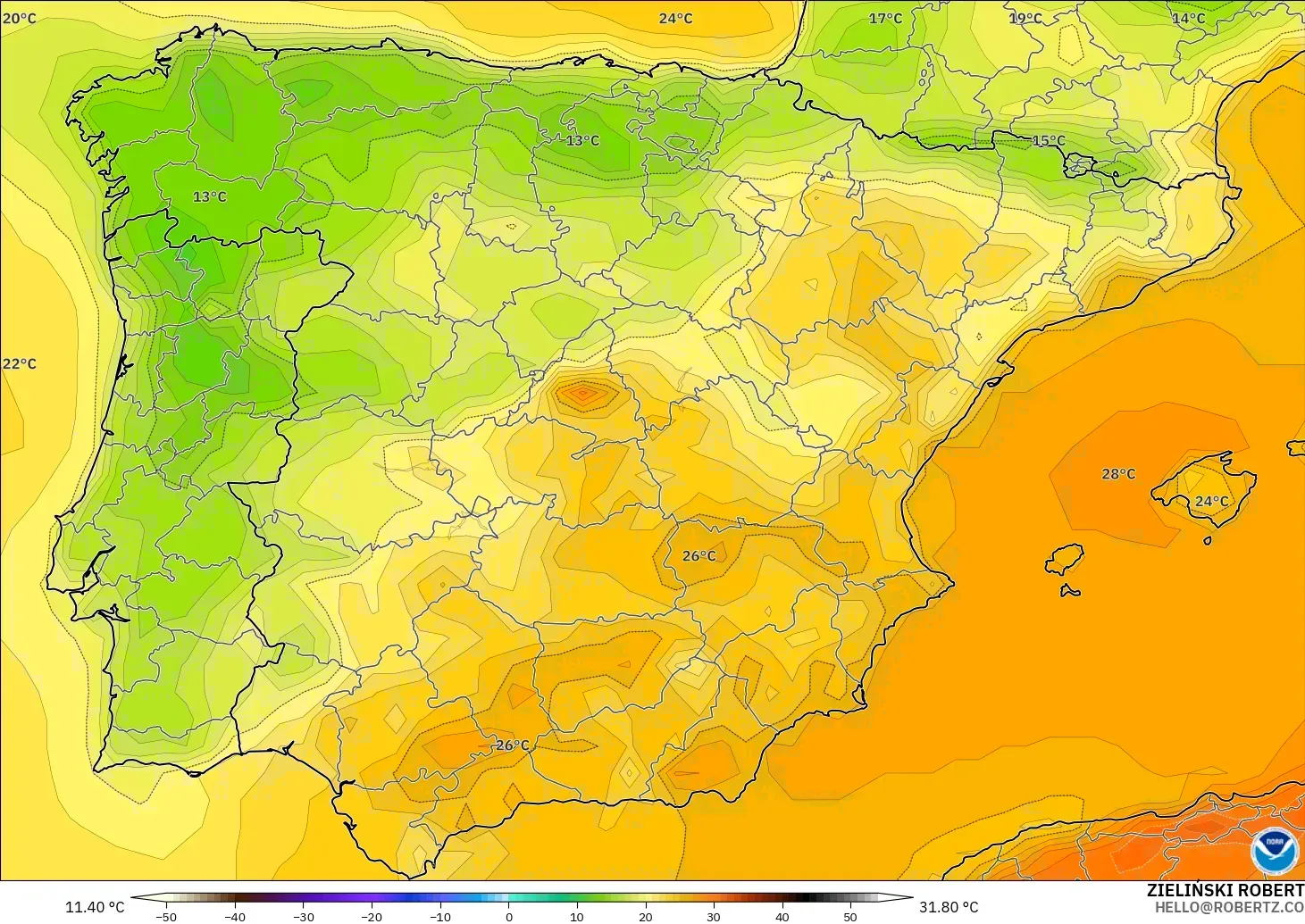 GFS modelo - España, Temperatura a 2 m
