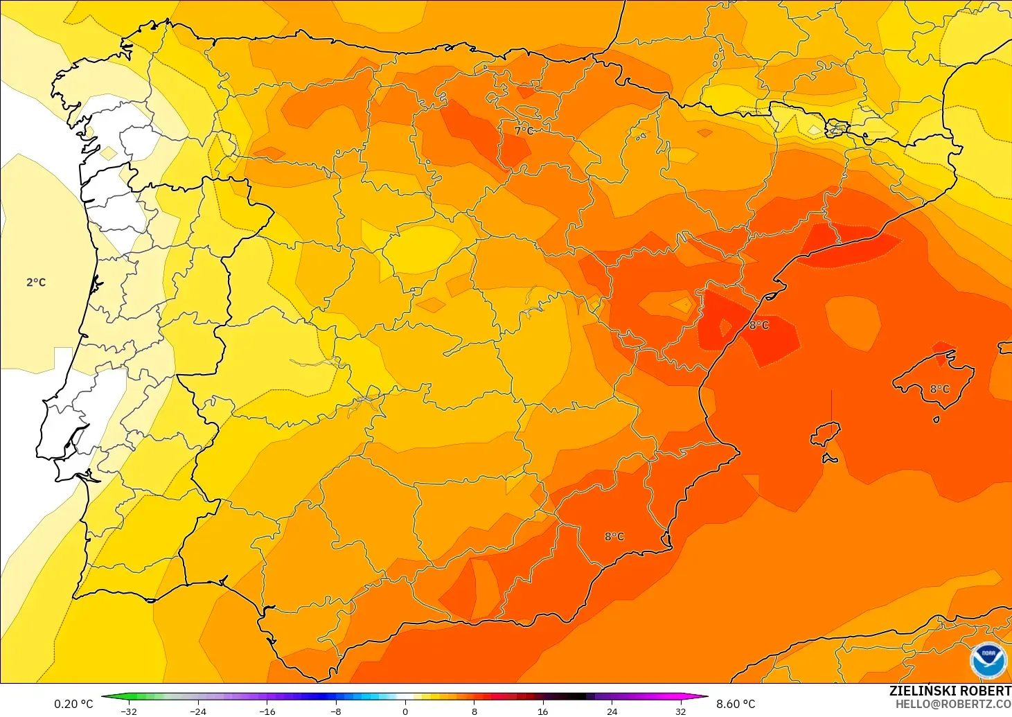 GFS modelo - España, Anomalía de temperatura a 850 hPa