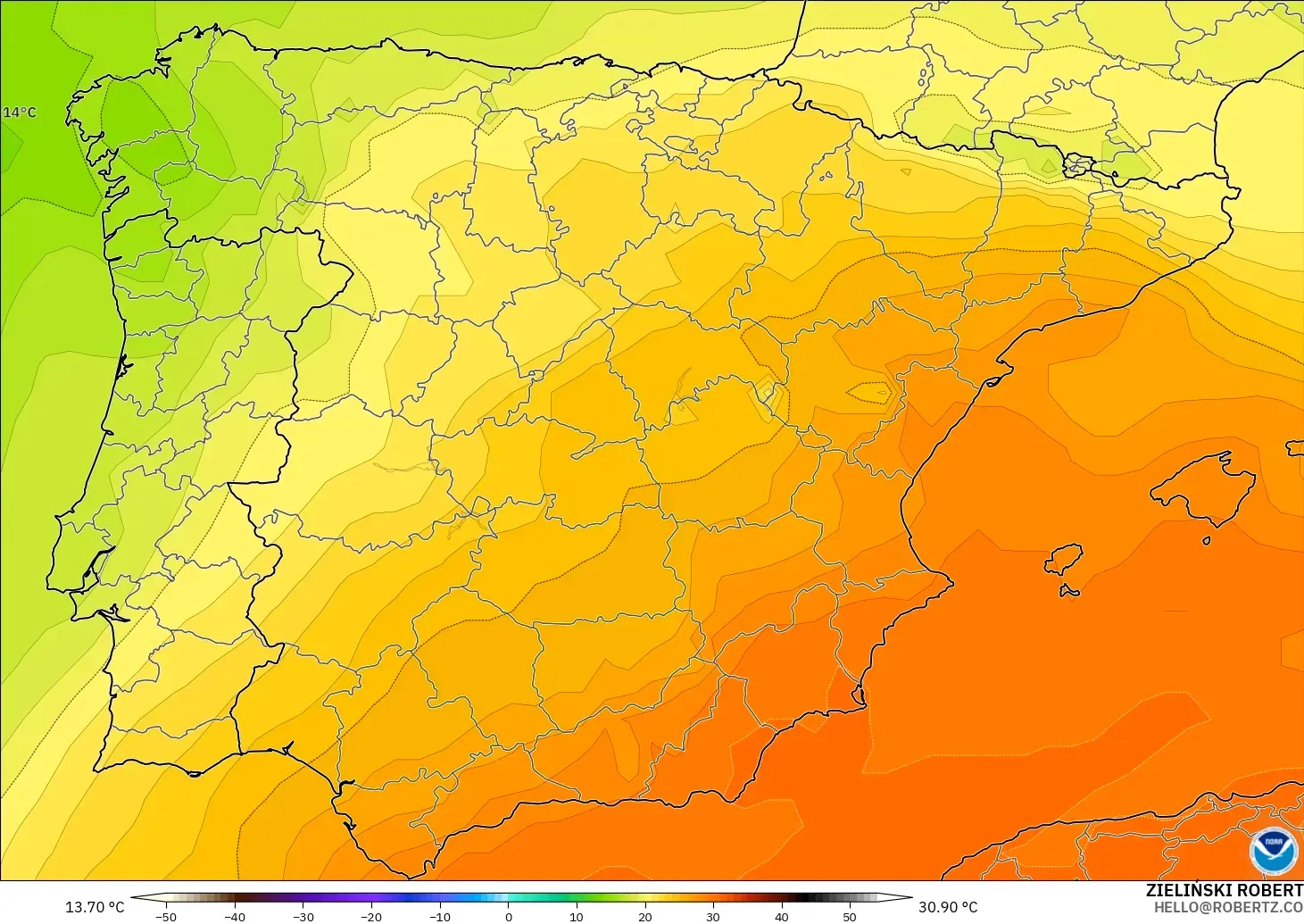 GFS modelo - España, Temperatura a 850 hPa