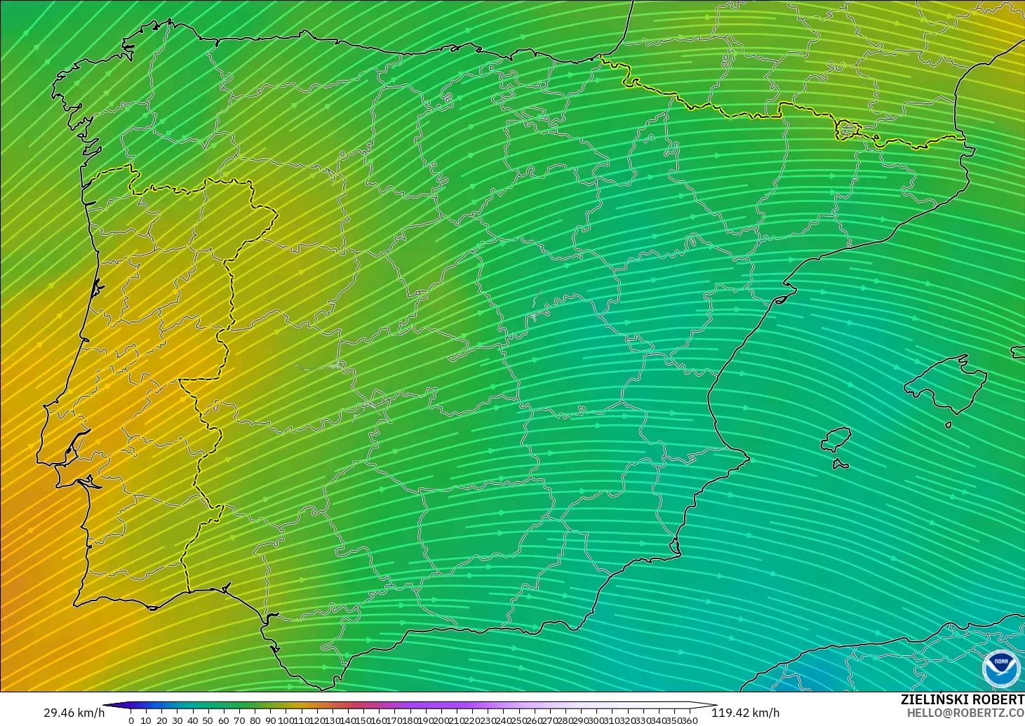 GFS modelo - España, Viento a 300 hPa (corriente en chorro)