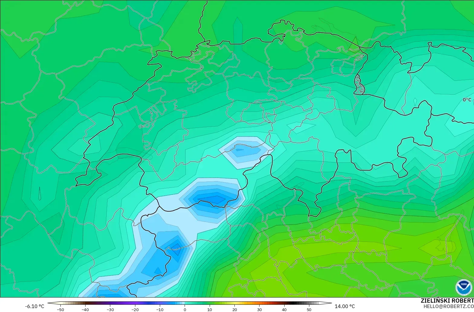 GFS modelo - Suiza, Punto de rocío a 2 m