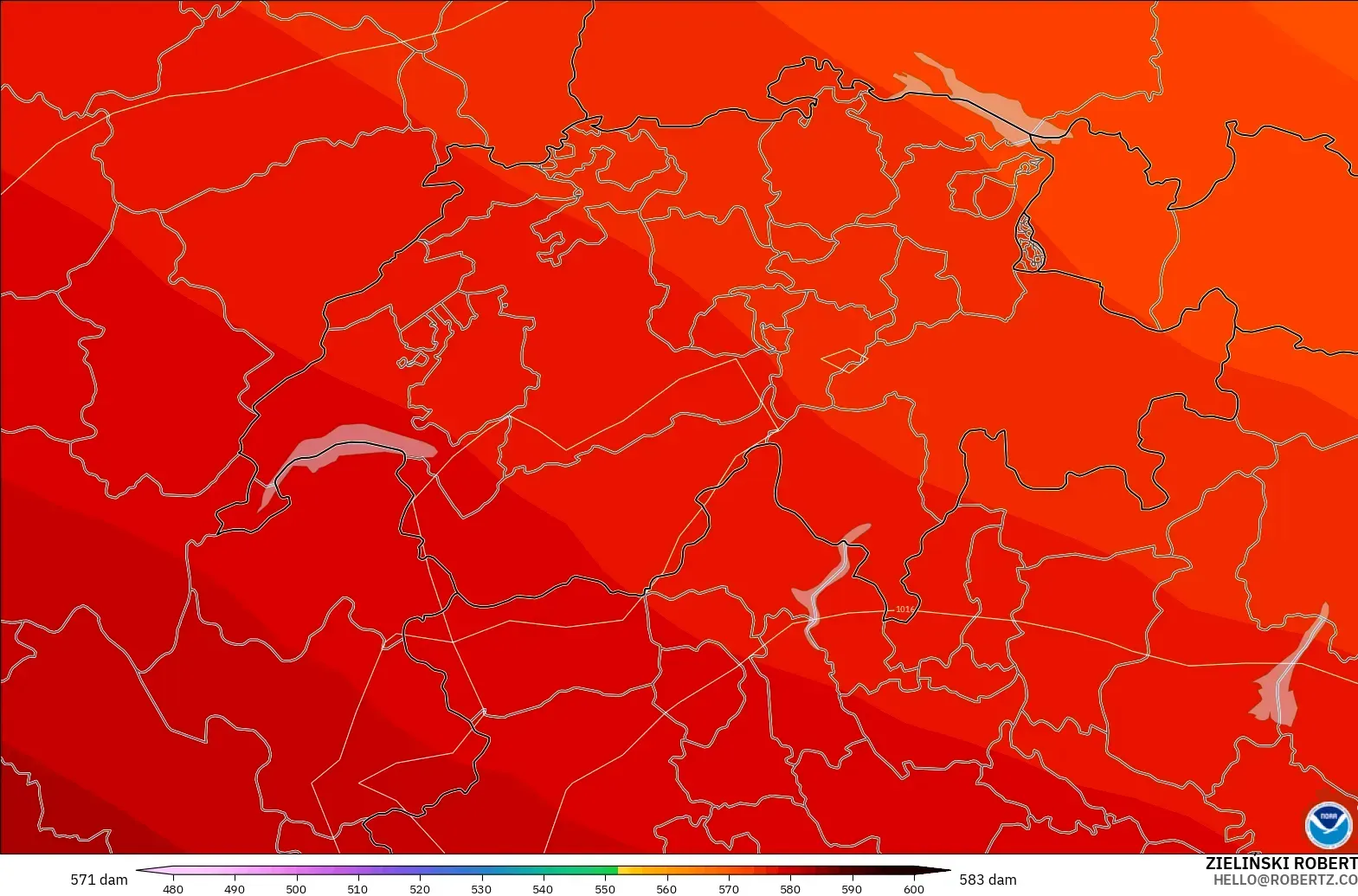 GFS modelo - Suiza, Altura geopotencial a 500 hPa