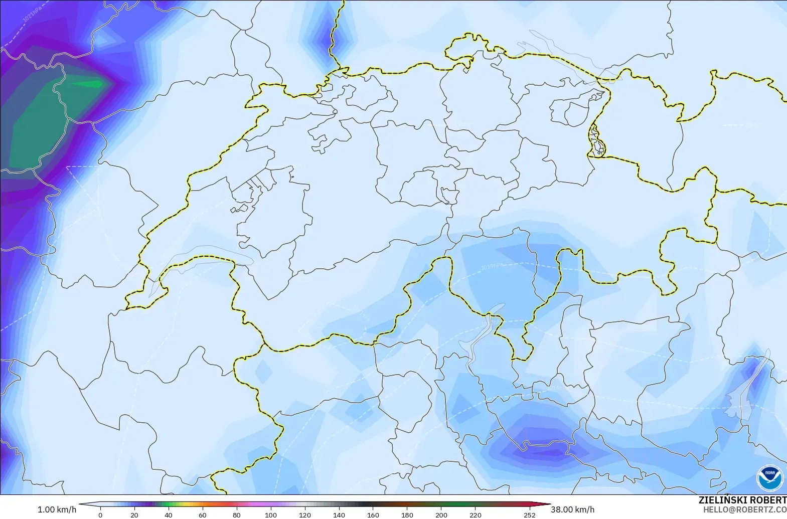 GFS modelo - Suiza, Ráfagas de Viento Máximas