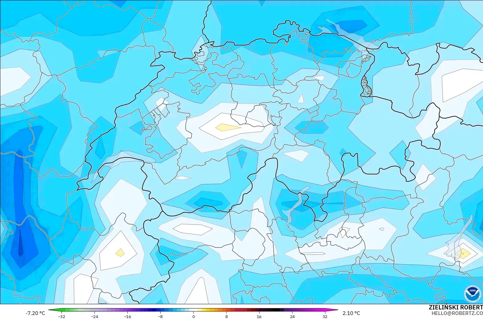 GFS modelo - Suiza, Anomalía de temperatura a 2 m