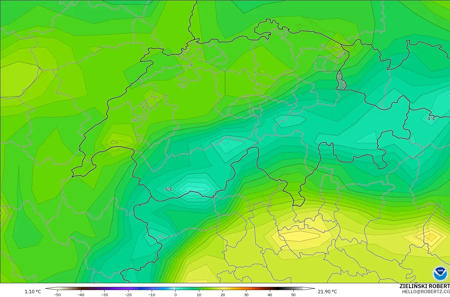 GFS modelo - Suiza, Temperatura a 2 m