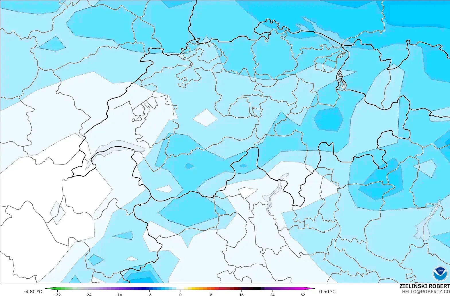 GFS modelo - Suiza, Anomalía de temperatura a 850 hPa