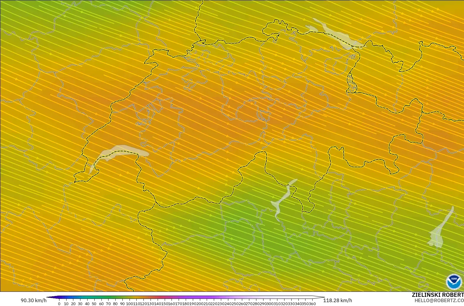 GFS modelo - Suiza, Viento a 300 hPa (corriente en chorro)