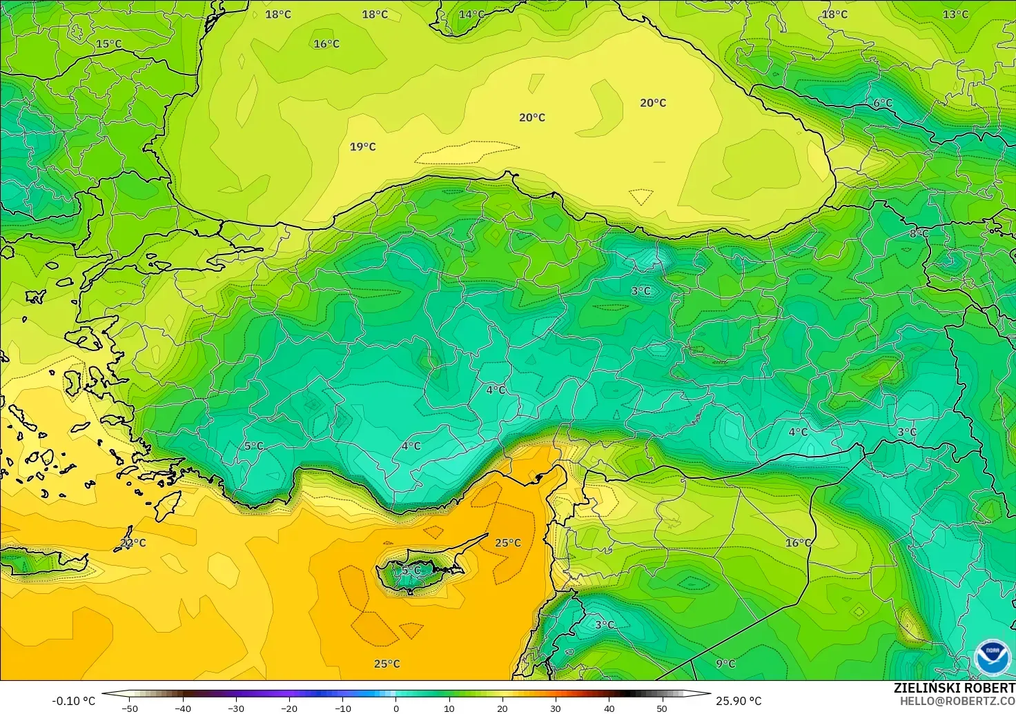 GFS modelo - Turquía, Punto de rocío a 2 m