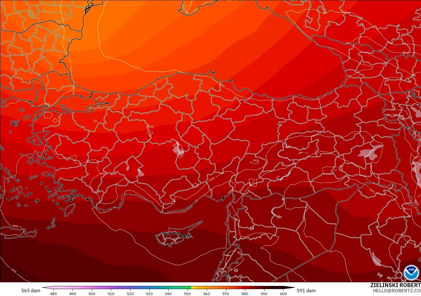 GFS modelo - Turquía, Altura geopotencial a 500 hPa