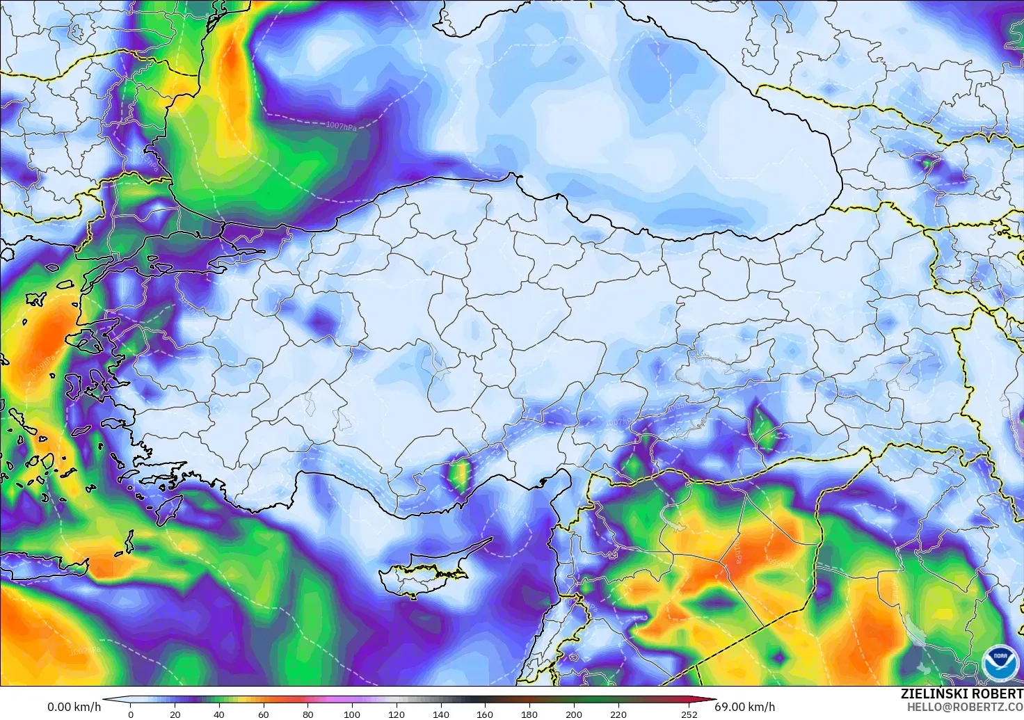 GFS modelo - Turquía, Ráfagas de viento