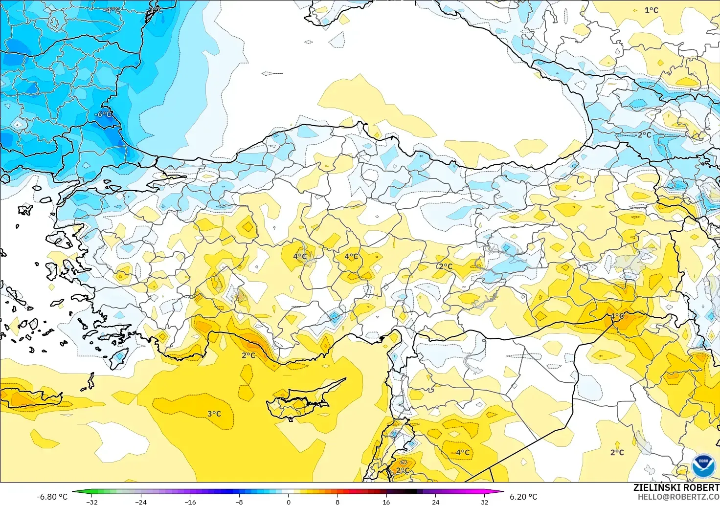GFS modelo - Turquía, Anomalía de temperatura a 2 m