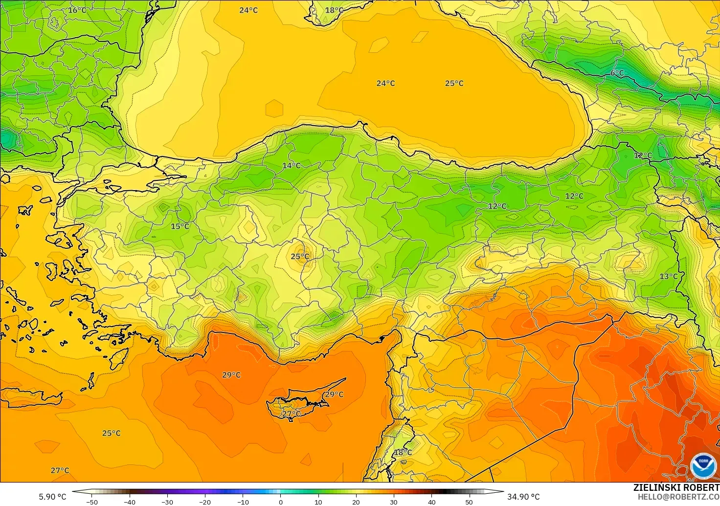 GFS modelo - Turquía, Temperatura a 2 m