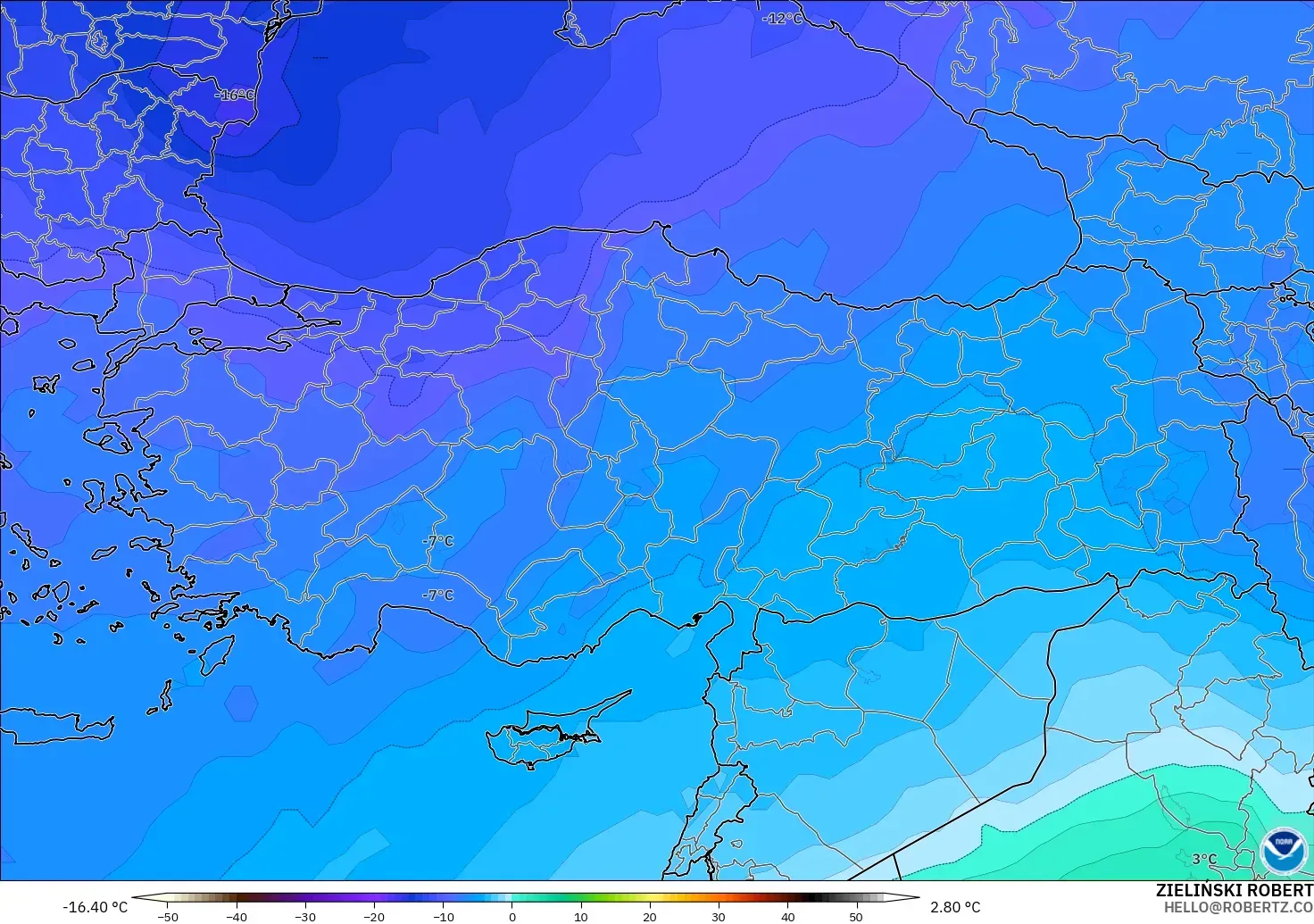 GFS modelo - Turquía, Temperatura a 500 hPa