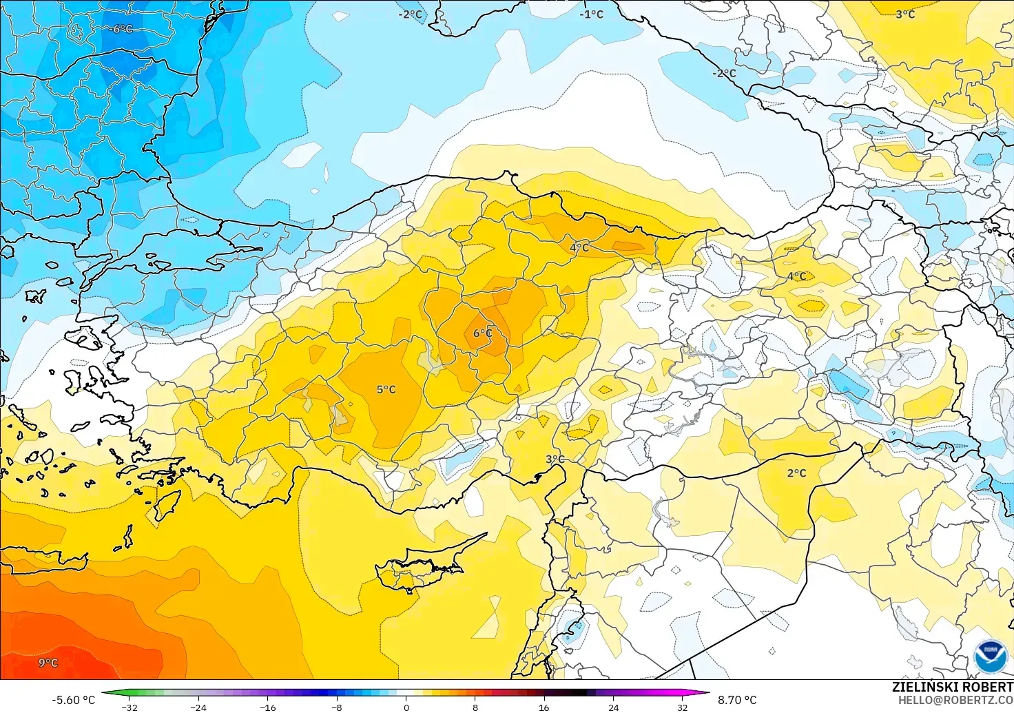 GFS modelo - Turquía, Anomalía de temperatura a 850 hPa