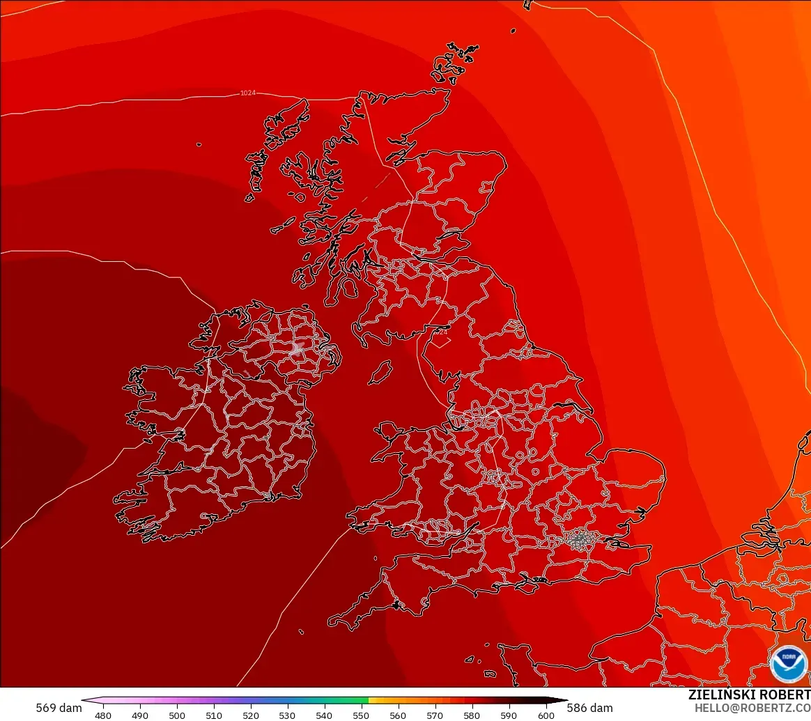GFS modelo - Reino Unido, Altura geopotencial a 500 hPa